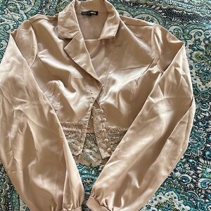 Tan Satin Blazer with Lace Detail